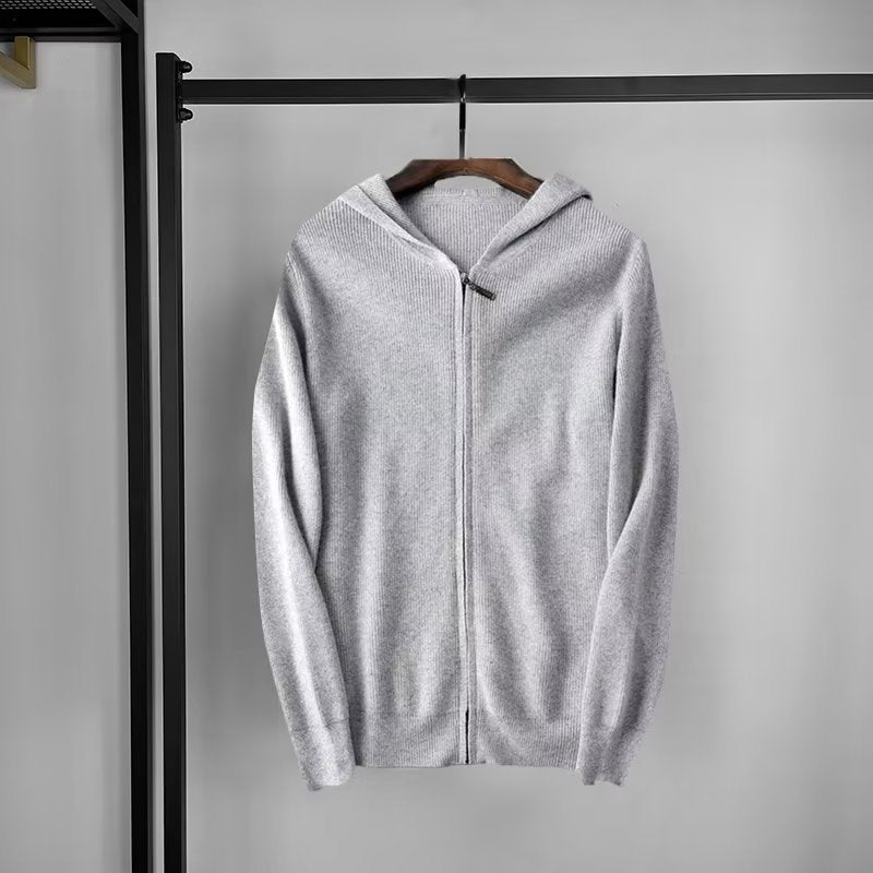 Cashmere hoodie men's cardigan loose knit wool sweater with cap