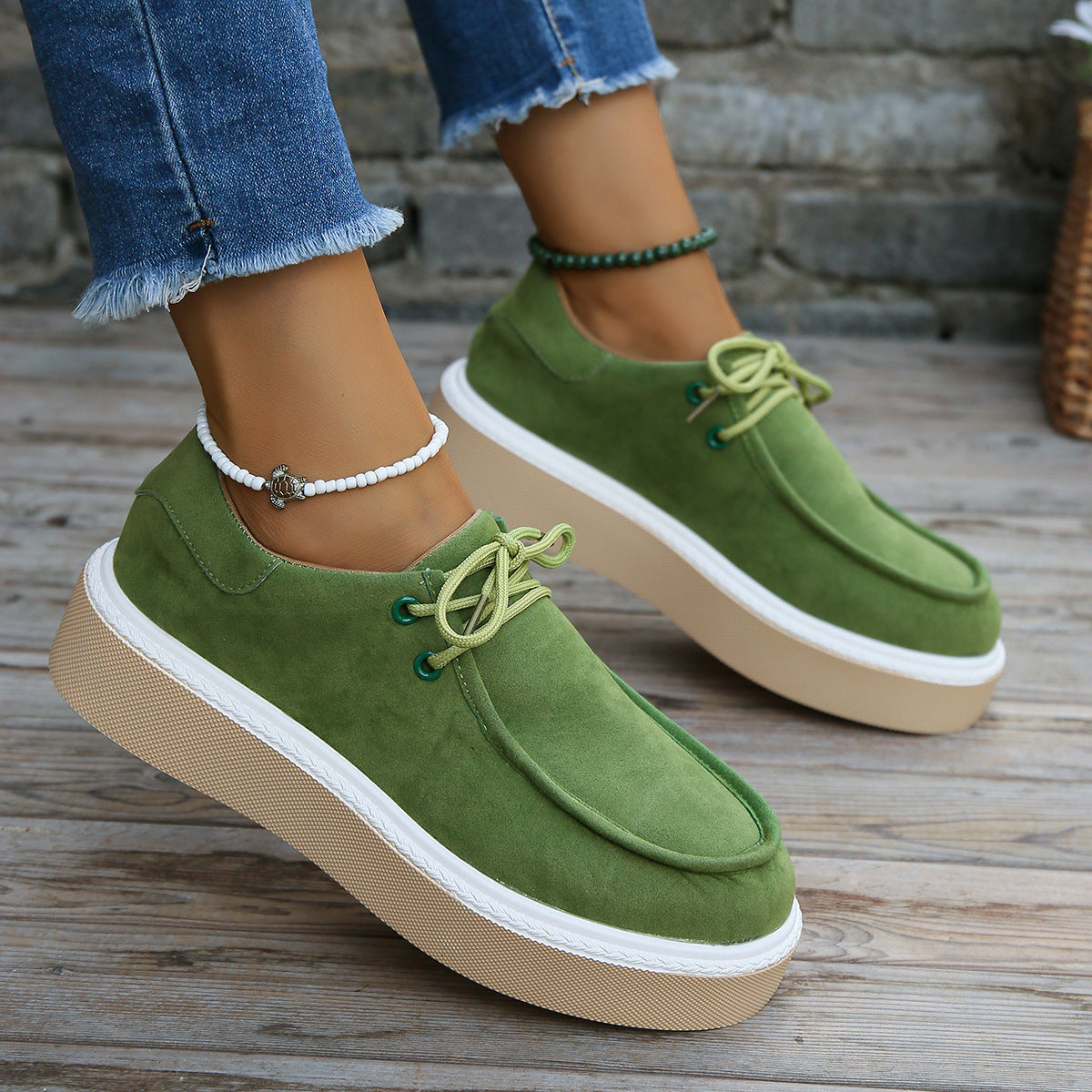 Big size women's new thick bottom lace-up round head fashion shoes