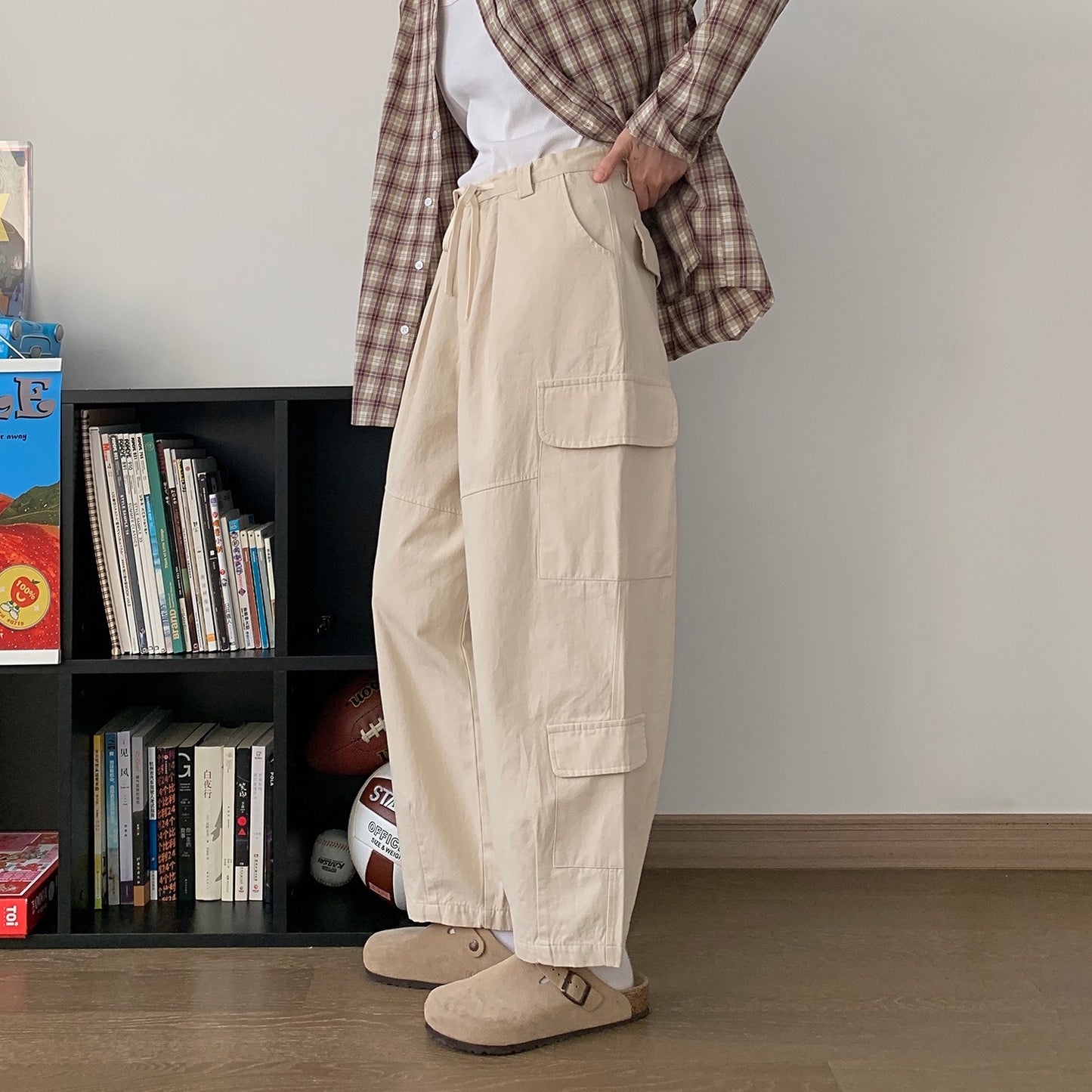 Dark gray Japanese loose wide leg workwear pants for men