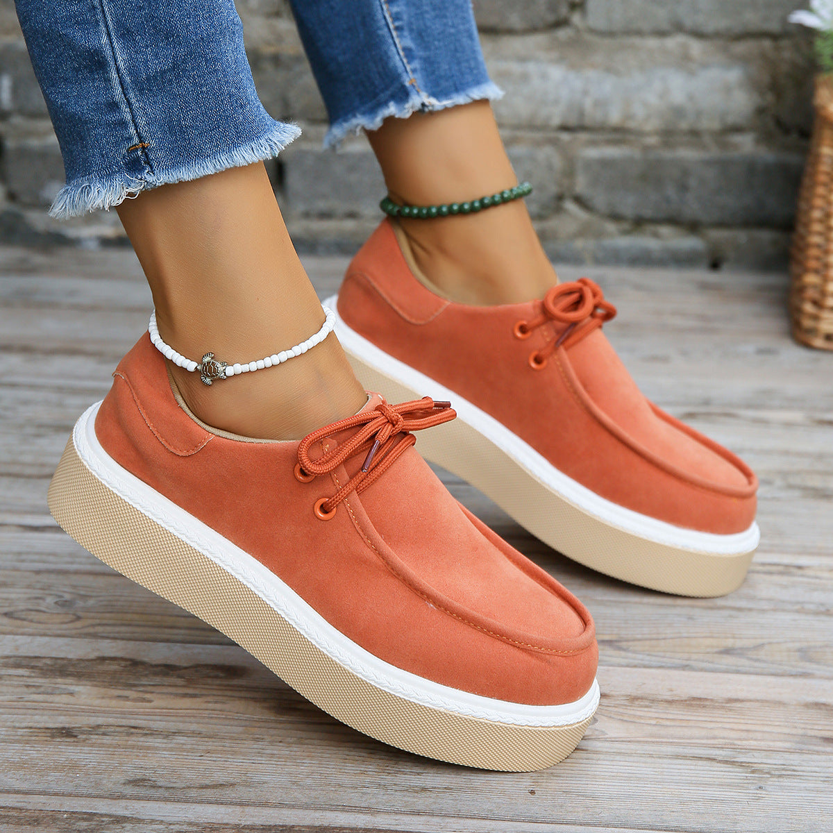 Big size women's new thick bottom lace-up round head fashion shoes