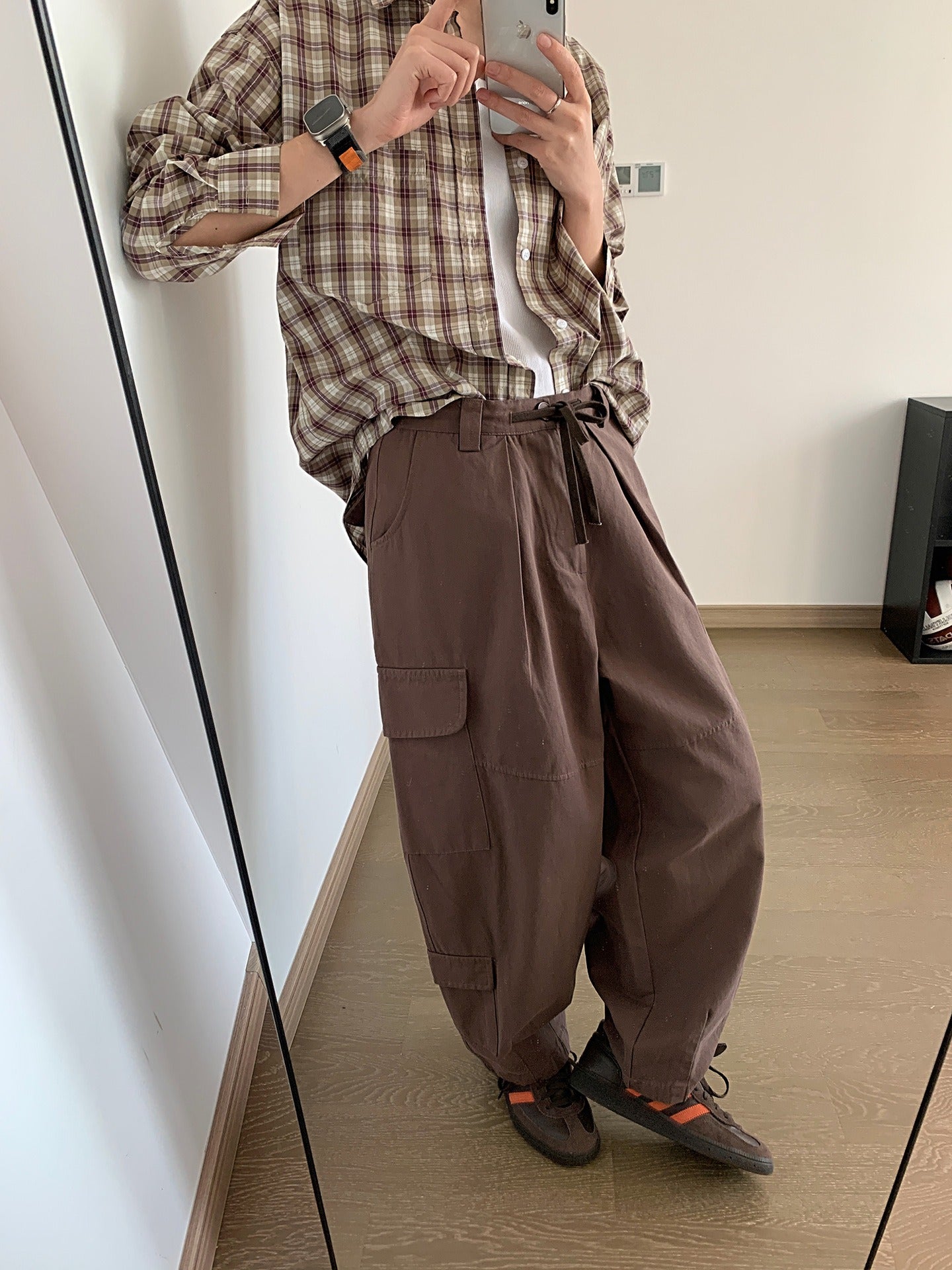 Dark gray Japanese loose wide leg workwear pants for men