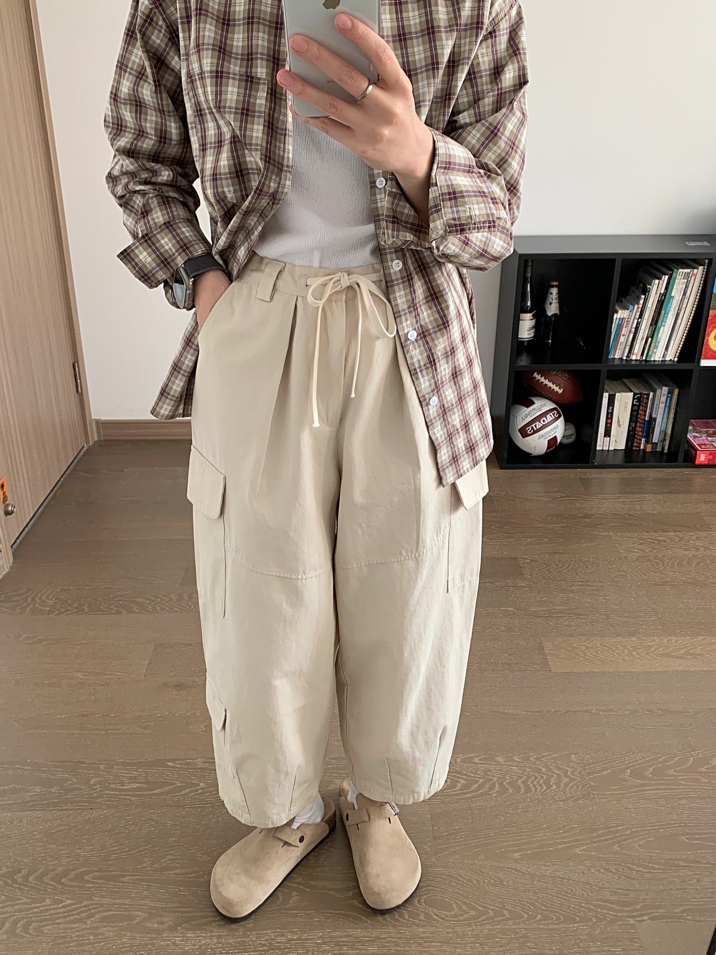 Dark gray Japanese loose wide leg workwear pants for men