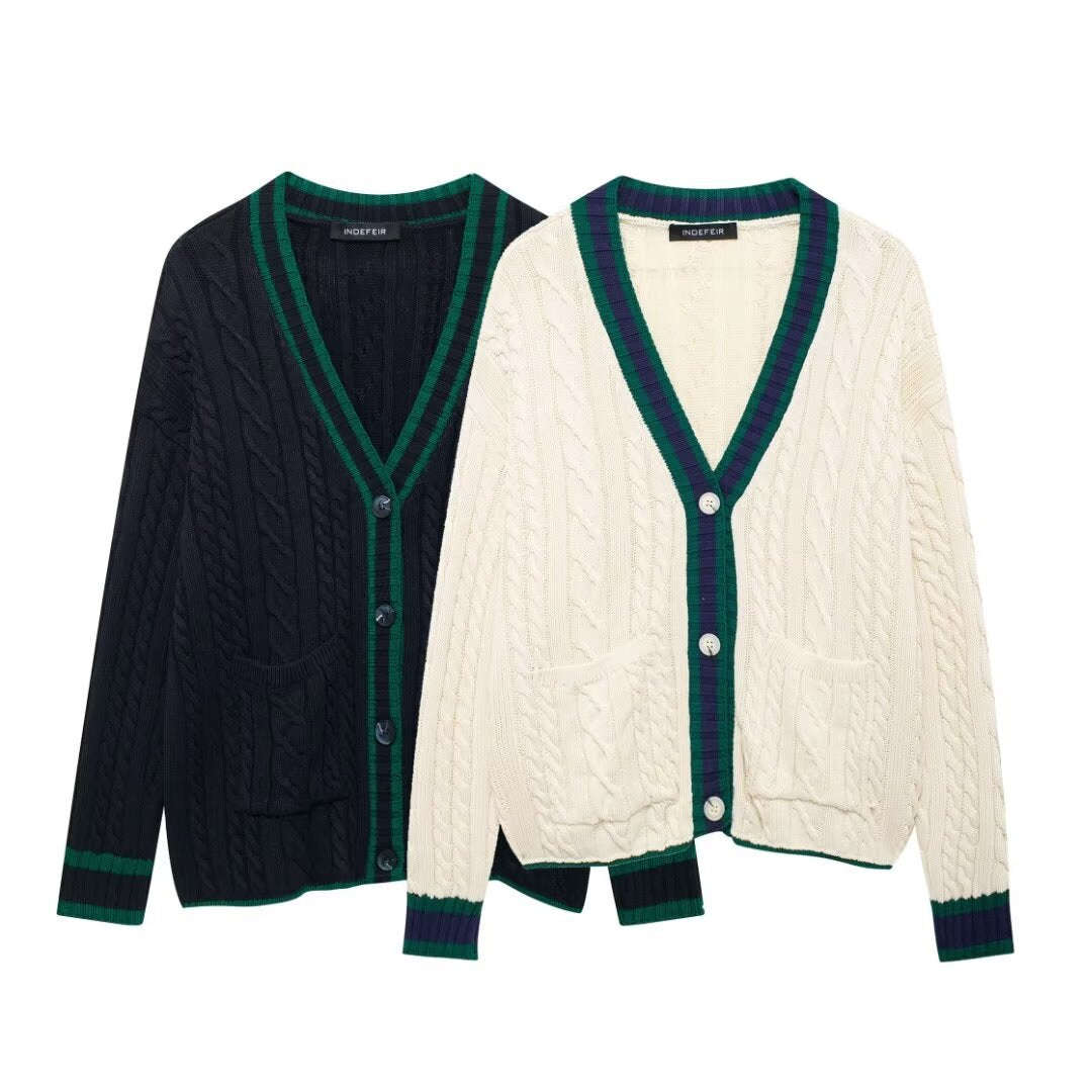 V-neck contrasting knitted top jacket, Autumn and Pring