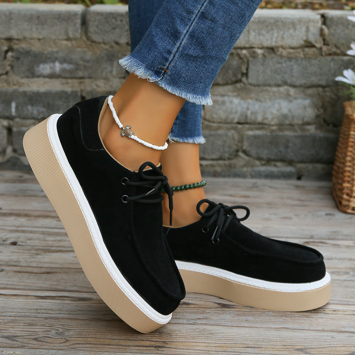 Big size women's new thick bottom lace-up round head fashion shoes