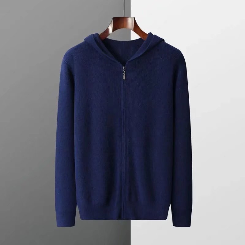 Cashmere hoodie men's cardigan loose knit wool sweater with cap