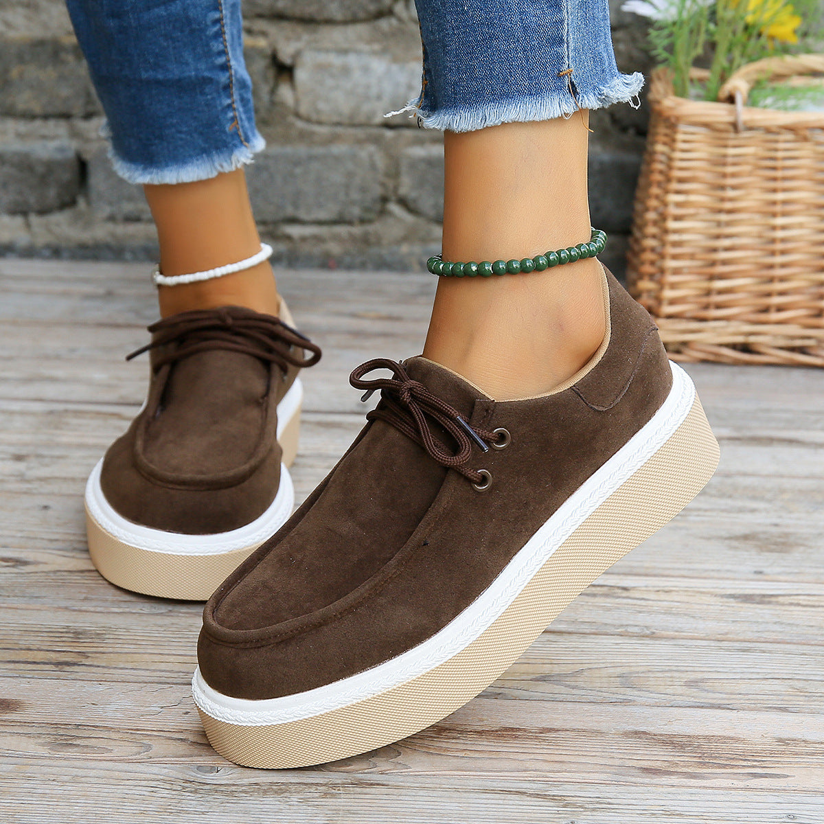 Big size women's new thick bottom lace-up round head fashion shoes
