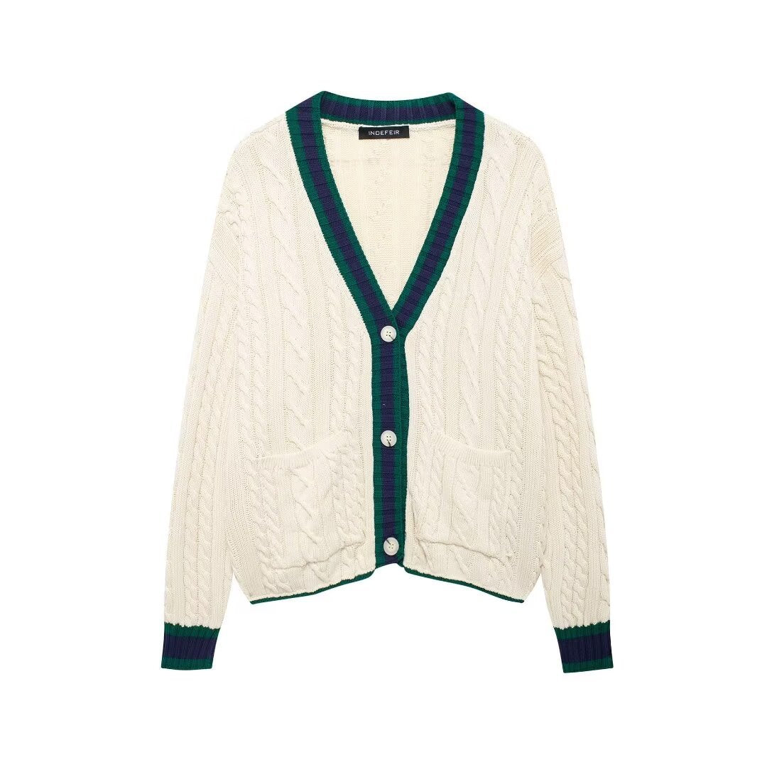 V-neck contrasting knitted top jacket, Autumn and Pring