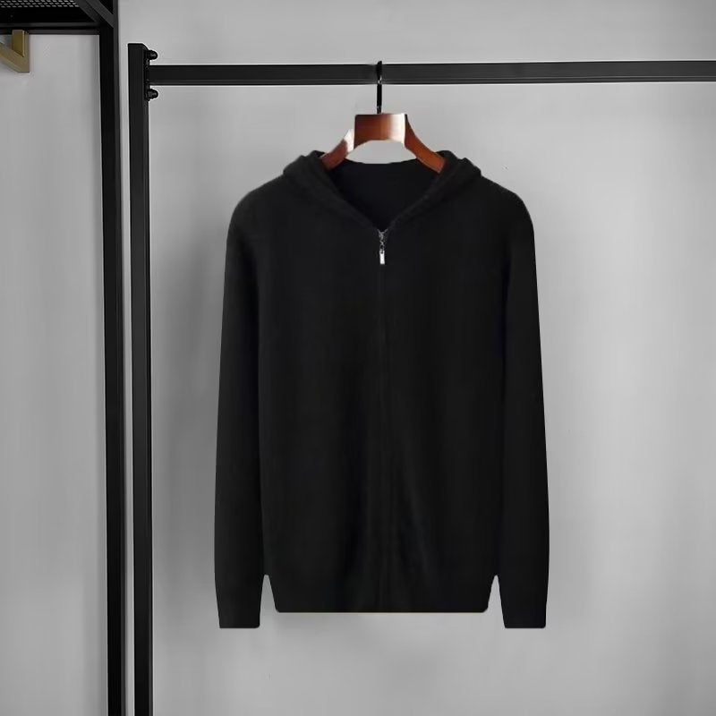 Cashmere hoodie men's cardigan loose knit wool sweater with cap