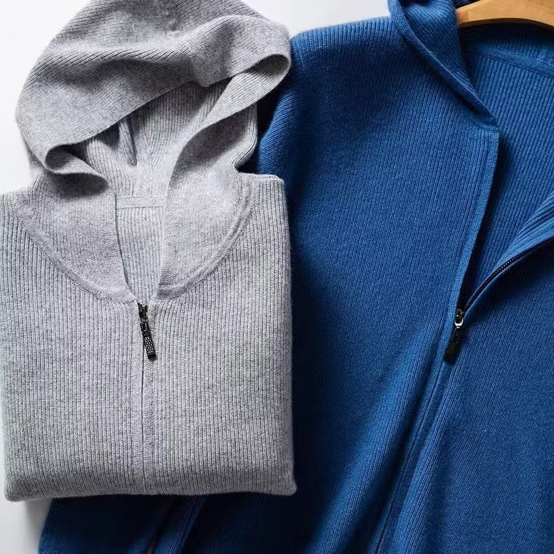 Cashmere hoodie men's cardigan loose knit wool sweater with cap