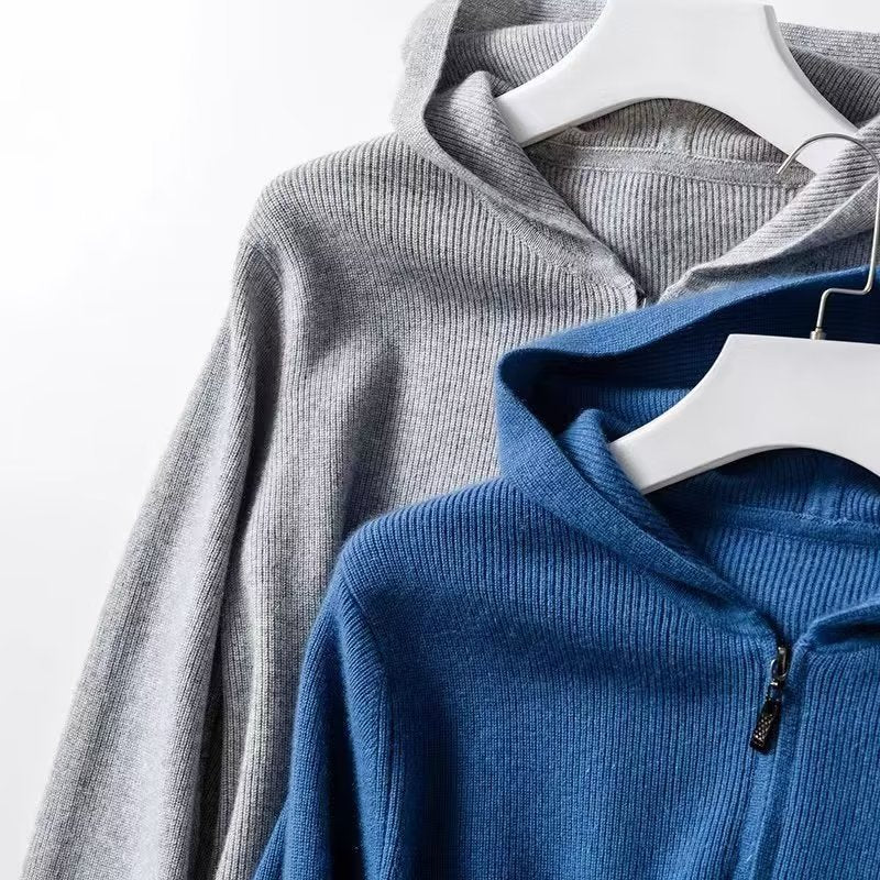 Cashmere hoodie men's cardigan loose knit wool sweater with cap