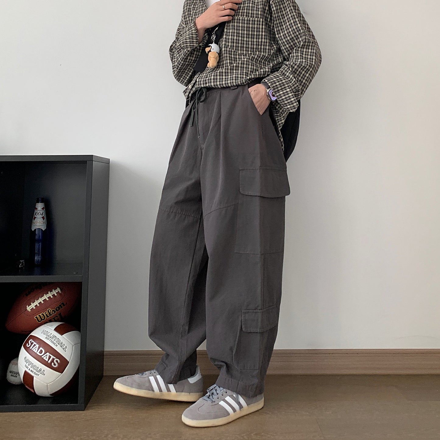 Dark gray Japanese loose wide leg workwear pants for men