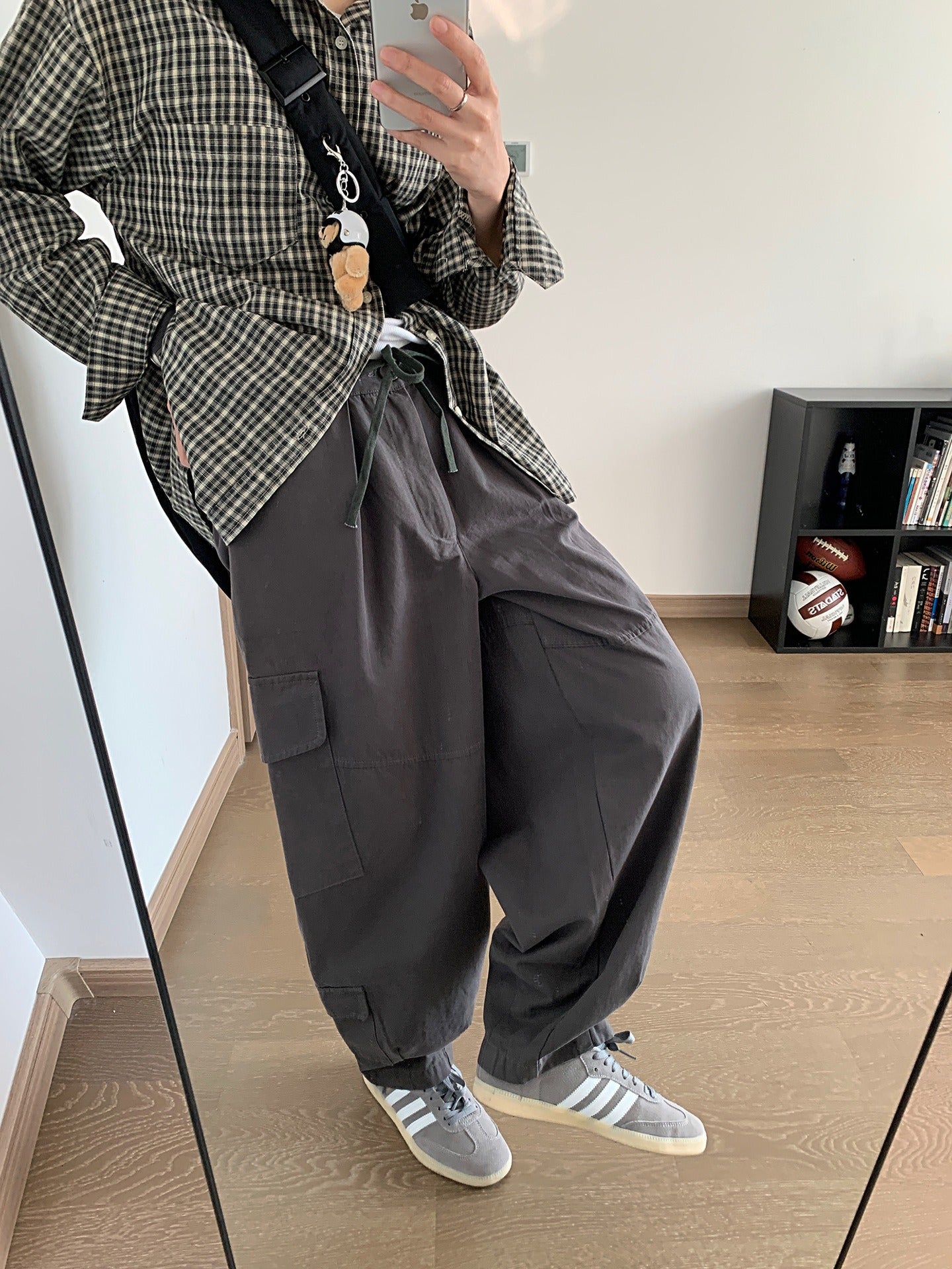 Dark gray Japanese loose wide leg workwear pants for men