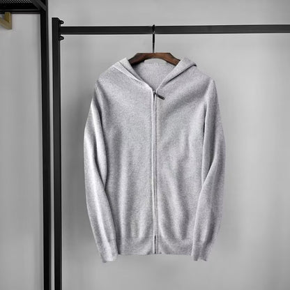 Cashmere hoodie men's cardigan loose knit wool sweater with cap