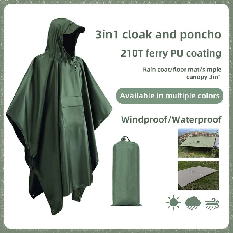 3 In 1 Outdoor  Hooded Sleeve Waterproof Rain Poncho Motorcycle Rain Cover Camping Hiking Travel Rainwear Tent