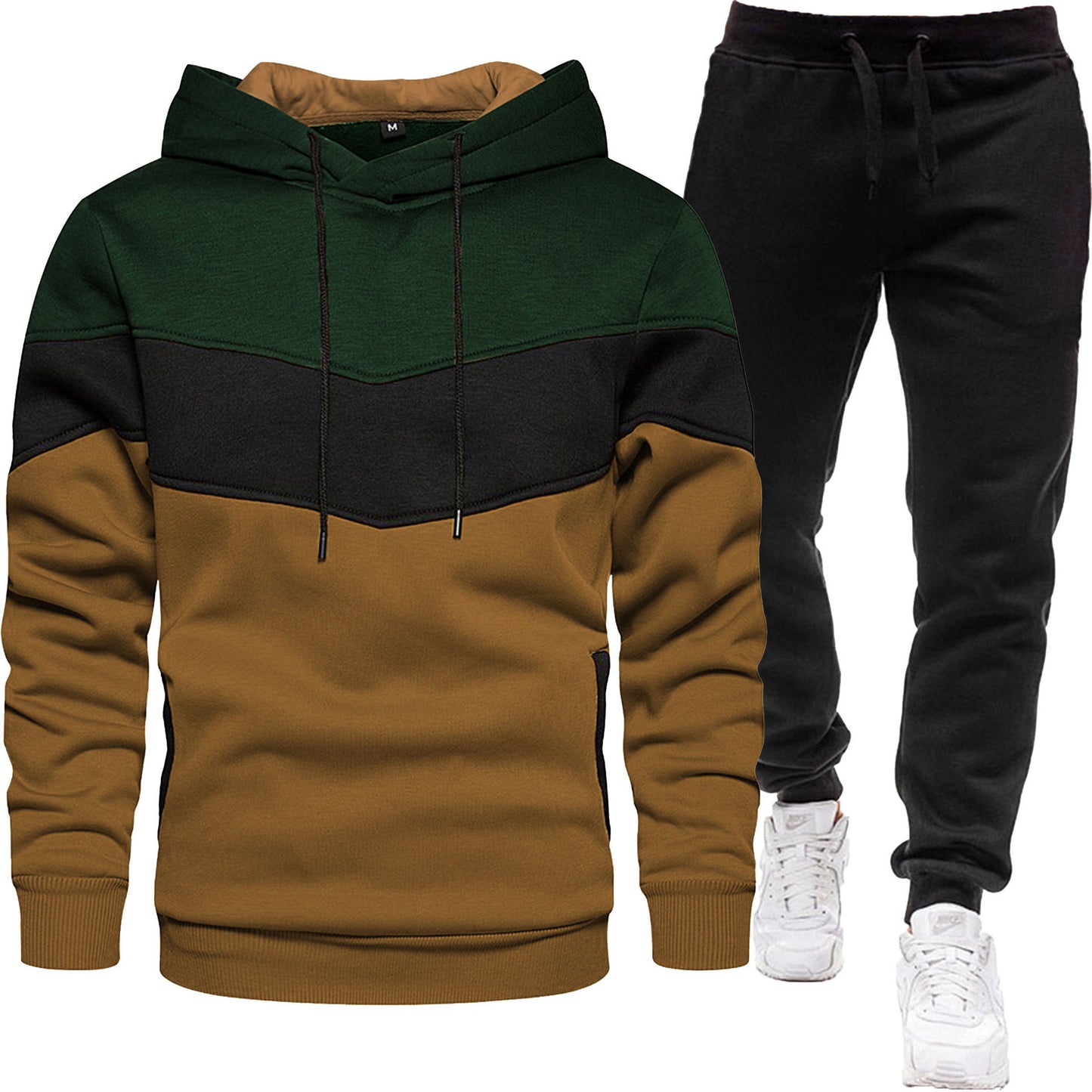 Men's three color hoodie sports suit, fashionable and casual, spring and autumn splicing hooded top, long pants two-piece set