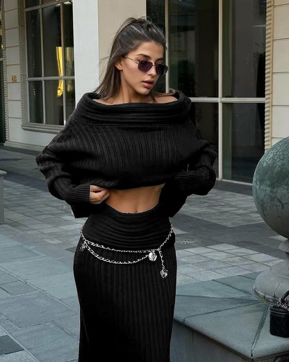 Elegant Winter spring and fall Knitted Two-Piece Set – Off-Shoulder Sweater & Slim Skirt Suit for Women fashion