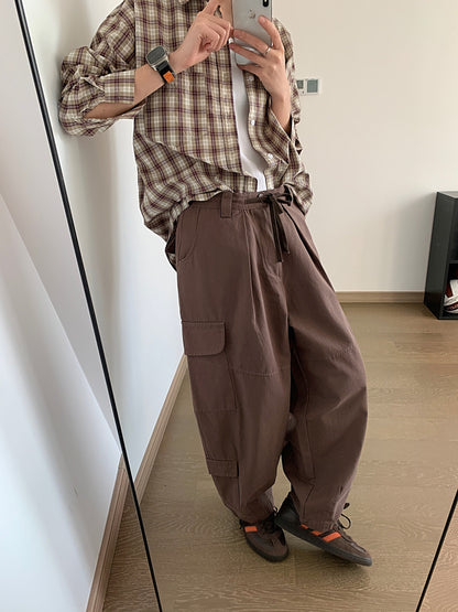Dark gray Japanese loose wide leg workwear pants for men