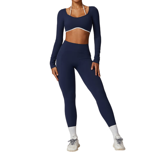 Color blocked back yoga suit set tight fitting sports and fitness suit for women