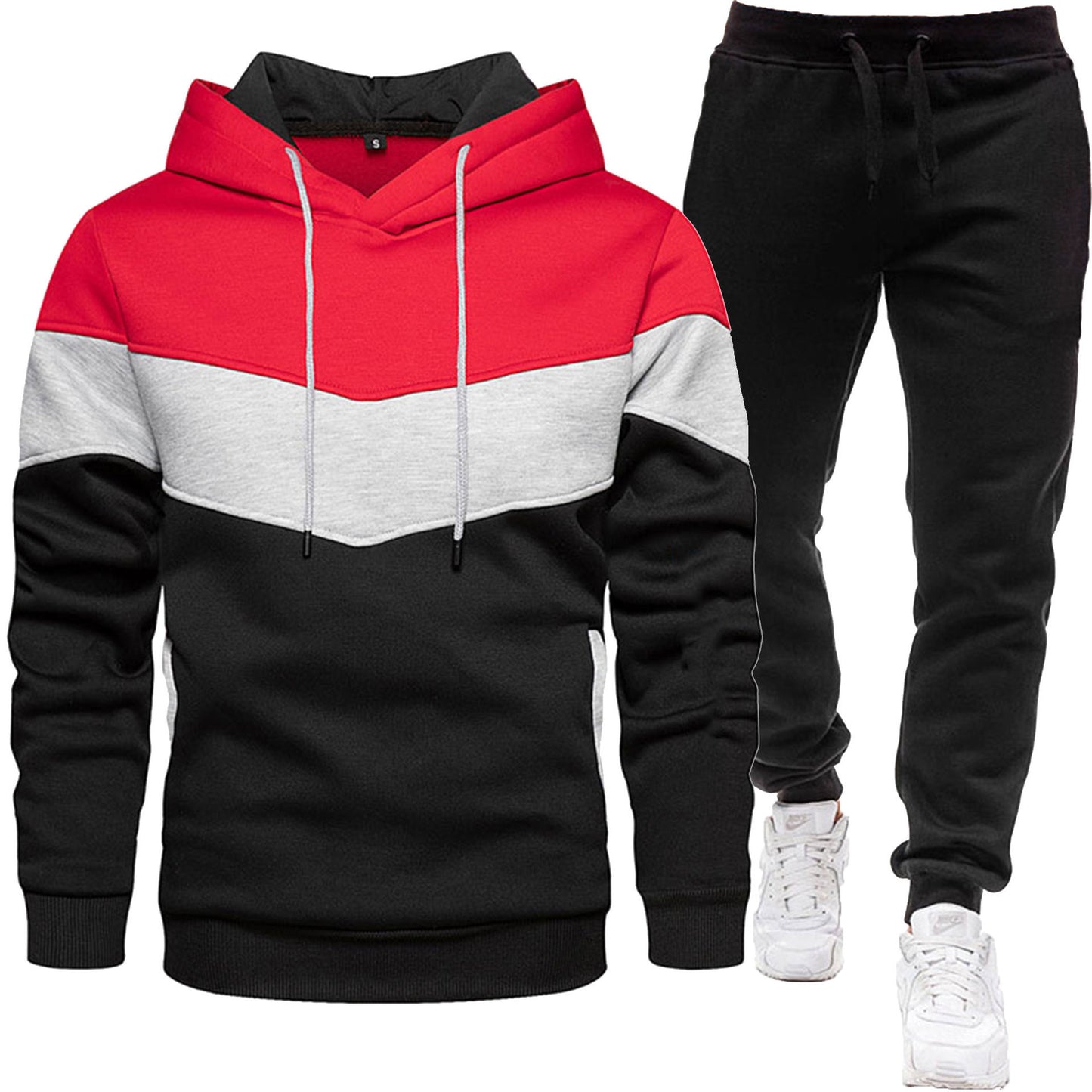 Men's three color hoodie sports suit, fashionable and casual, spring and autumn splicing hooded top, long pants two-piece set