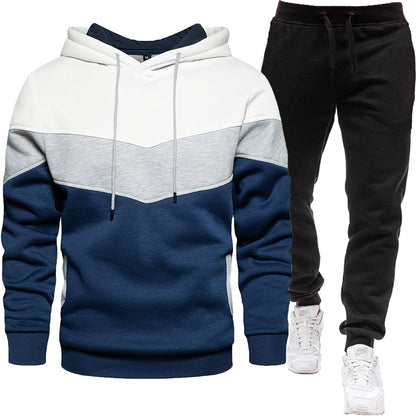 Men's three color hoodie sports suit, fashionable and casual, spring and autumn splicing hooded top, long pants two-piece set