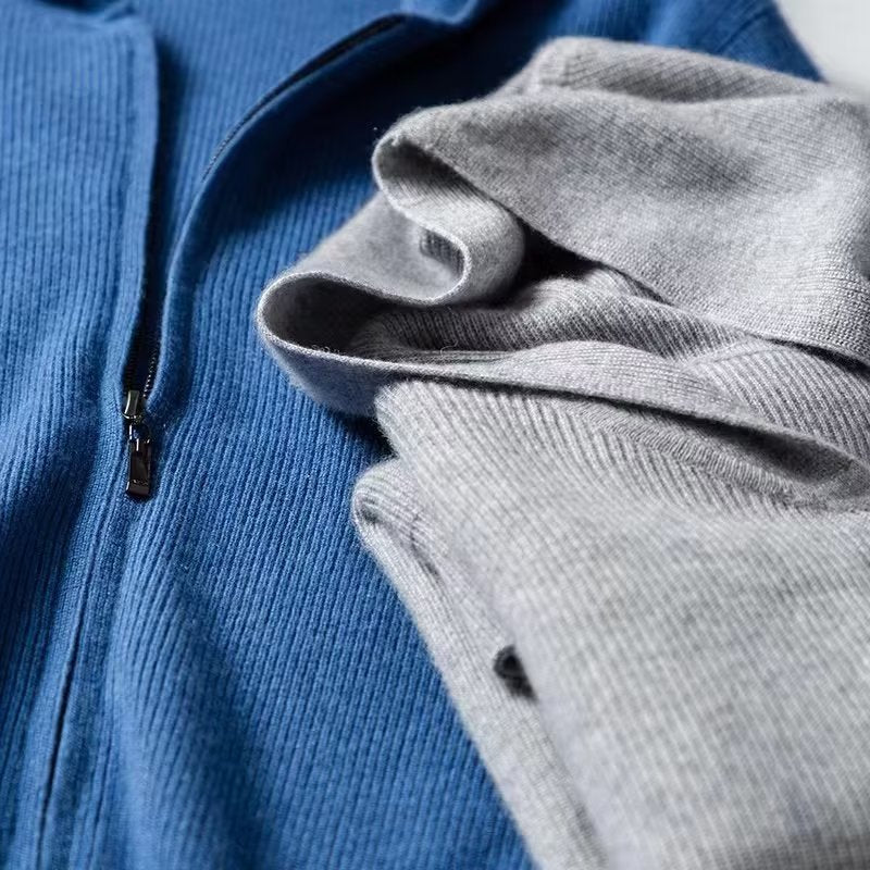 Cashmere hoodie men's cardigan loose knit wool sweater with cap