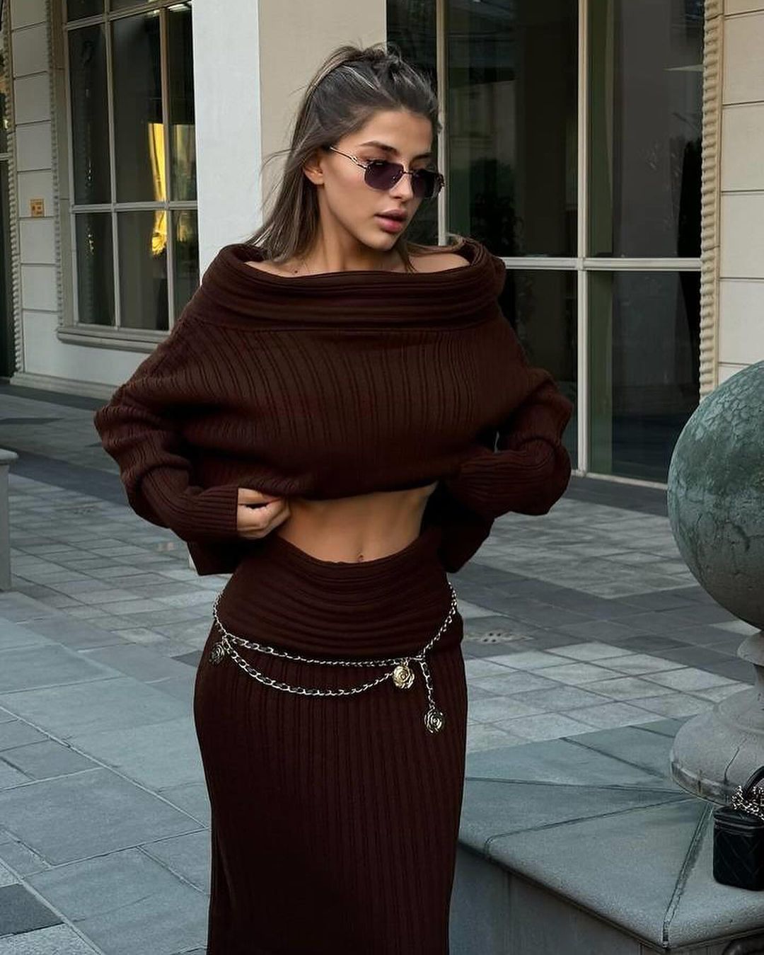 Elegant Winter spring and fall Knitted Two-Piece Set – Off-Shoulder Sweater & Slim Skirt Suit for Women fashion