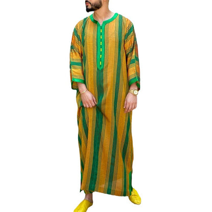 Saudi Arabian Abaya style clothing with striped contrasting loose long sleeved men's robe