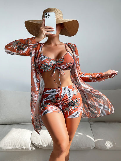 Women's High-Waisted Split Three-Piece Swimwear Set – Long Sleeve Mesh Blouse & Red Drawstring Suit