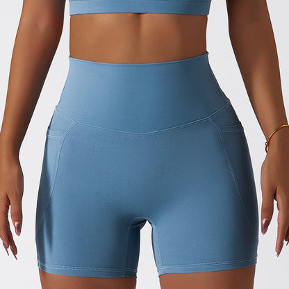 Summer ice silk nude sports shorts quick-drying tight yoga pants pocket breathable cycling running fitness shorts