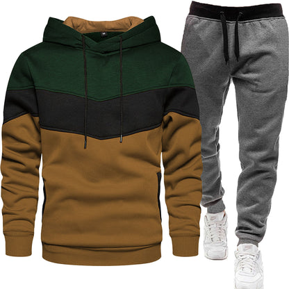 Men's three color hoodie sports suit, fashionable and casual, spring and autumn splicing hooded top, long pants two-piece set