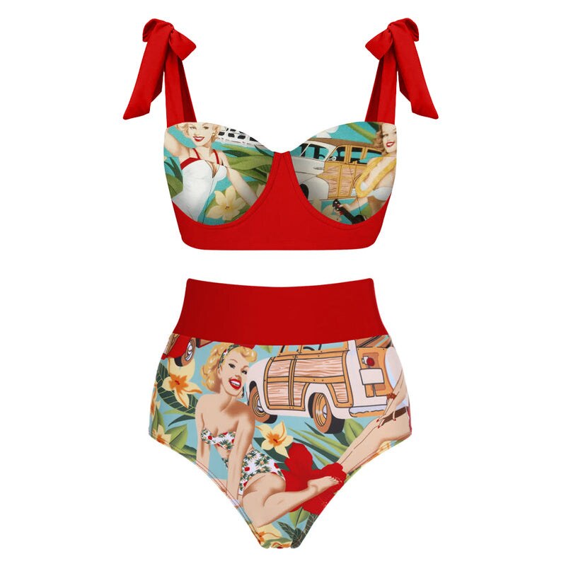 Women's Retro High-Waist Bikini – Lace-Up Printed Two-Piece Swimwear