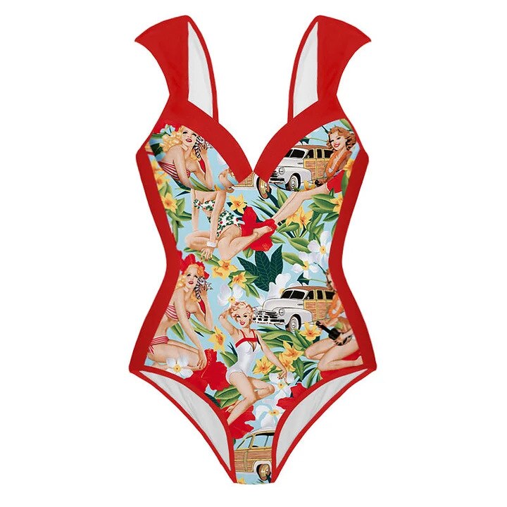 Women's Retro High-Waist Bikini – Lace-Up Printed Two-Piece Swimwear