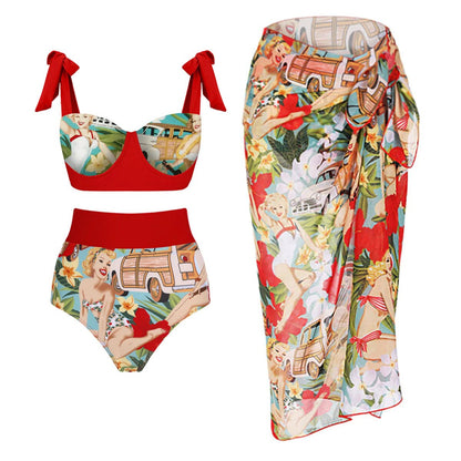 Women's Retro High-Waist Bikini – Lace-Up Printed Two-Piece Swimwear