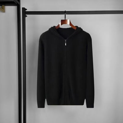 Cashmere hoodie men's cardigan loose knit wool sweater with cap