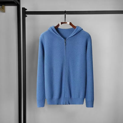 Cashmere hoodie men's cardigan loose knit wool sweater with cap