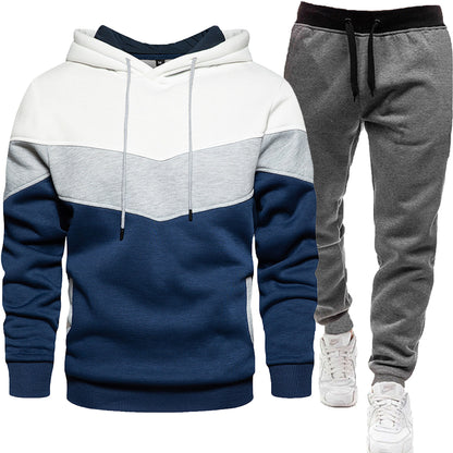 Men's three color hoodie sports suit, fashionable and casual, spring and autumn splicing hooded top, long pants two-piece set