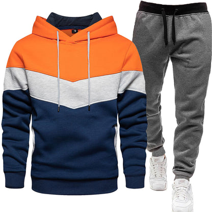 Men's three color hoodie sports suit, fashionable and casual, spring and autumn splicing hooded top, long pants two-piece set