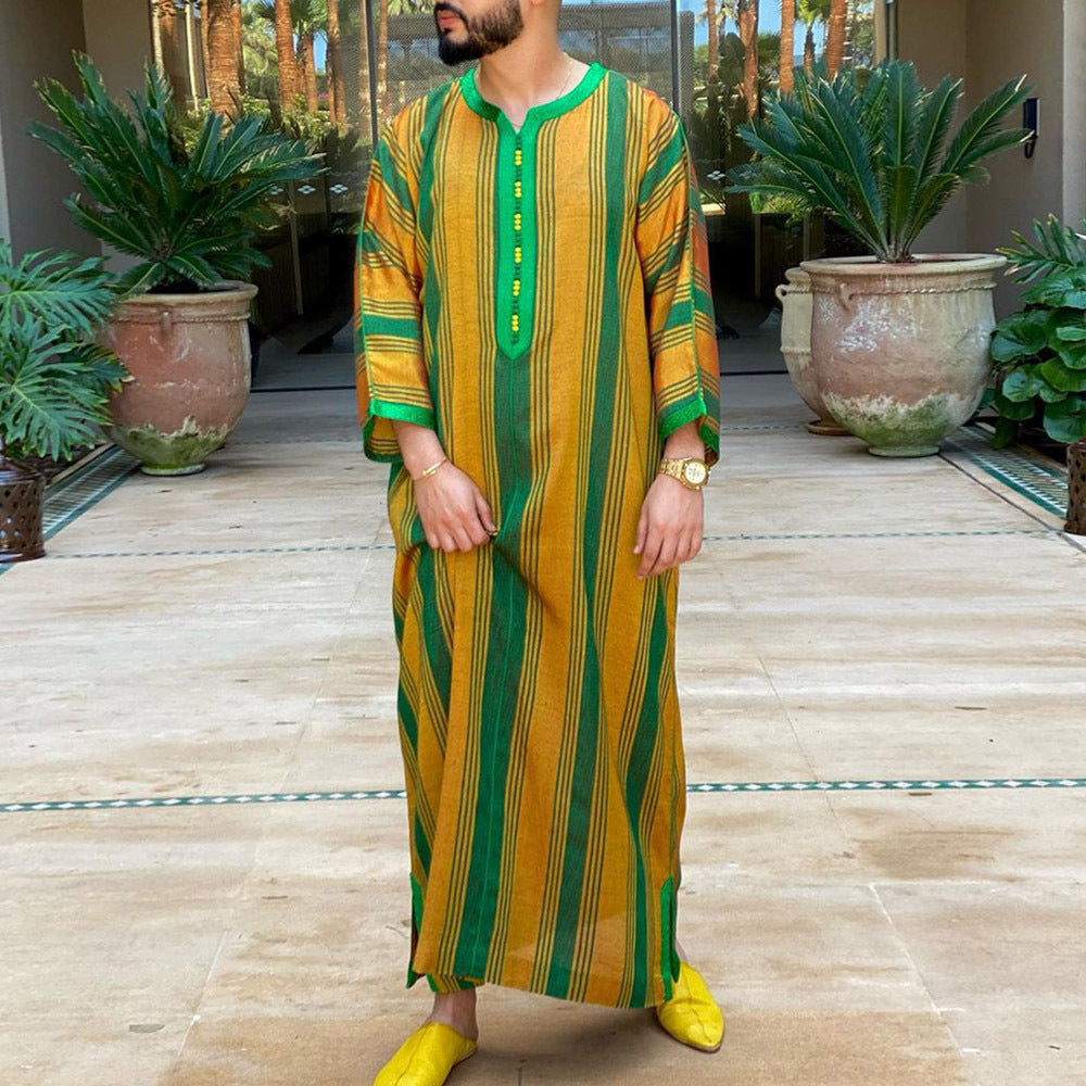 Saudi Arabian Abaya style clothing with striped contrasting loose long sleeved men's robe