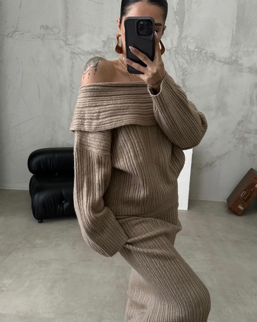 Elegant Winter spring and fall Knitted Two-Piece Set – Off-Shoulder Sweater & Slim Skirt Suit for Women fashion