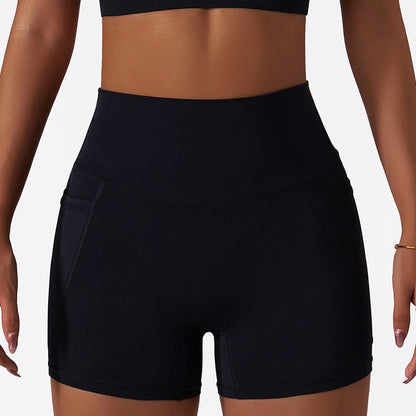 Summer ice silk nude sports shorts quick-drying tight yoga pants pocket breathable cycling running fitness shorts