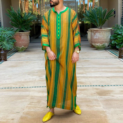 Saudi Arabian Abaya style clothing with striped contrasting loose long sleeved men's robe