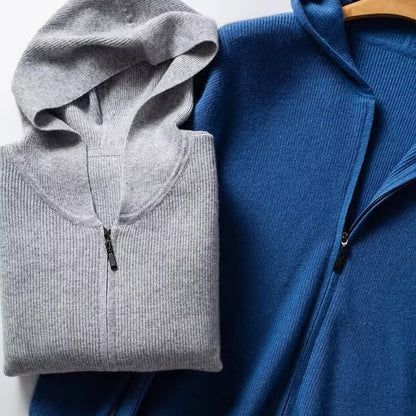 Cashmere hoodie men's cardigan loose knit wool sweater with cap