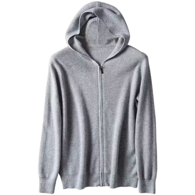 Cashmere hoodie men's cardigan loose knit wool sweater with cap