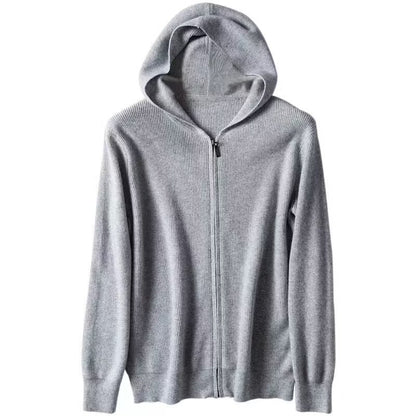 Cashmere hoodie men's cardigan loose knit wool sweater with cap